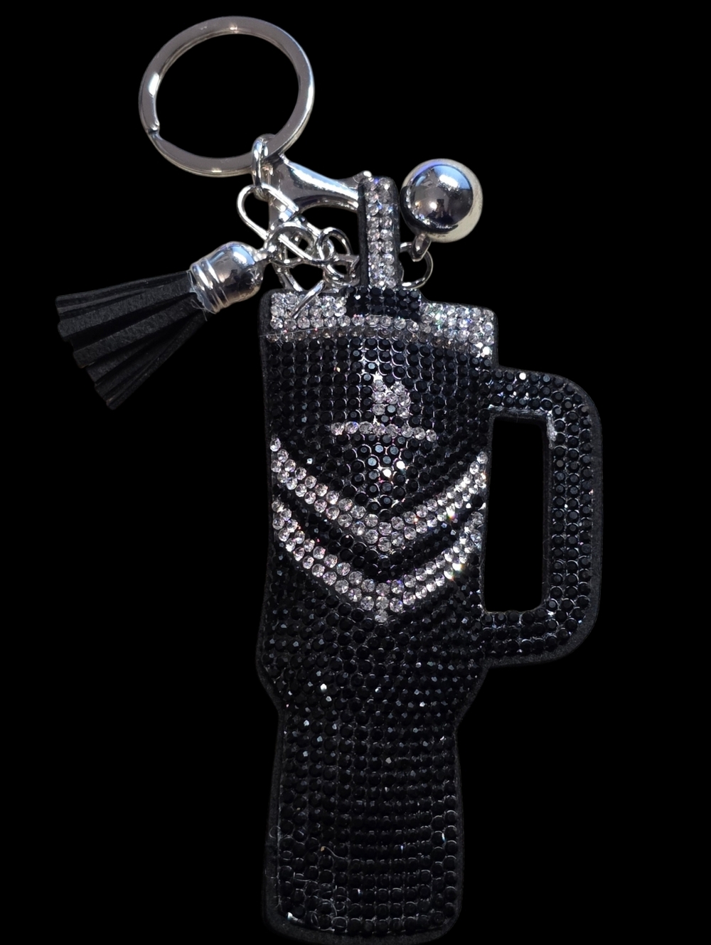 Crystal Studded Black Tumbler Bag Keychain with Tassel